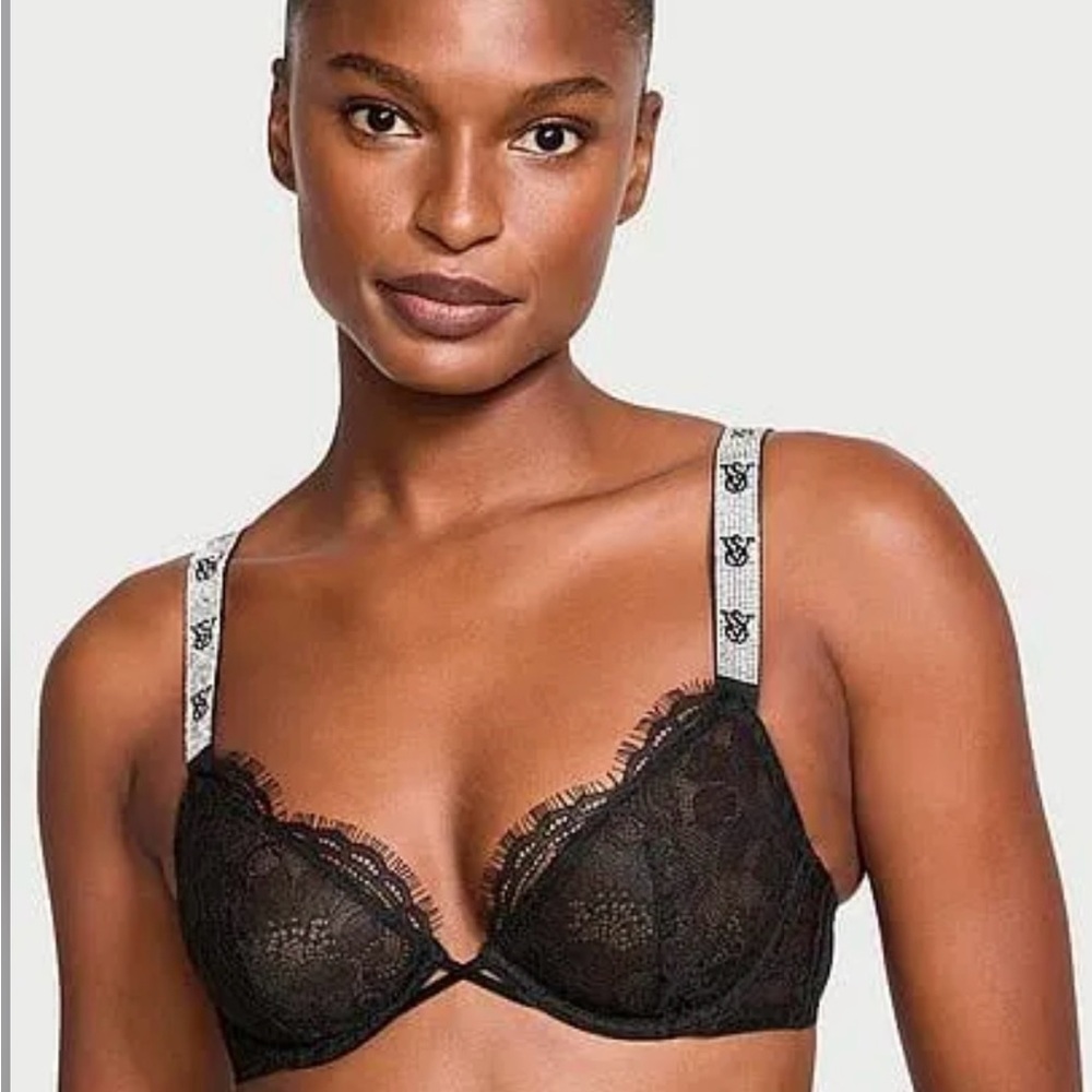 Victoria's Secret Black Lace Push-Up Bra with Logo Straps